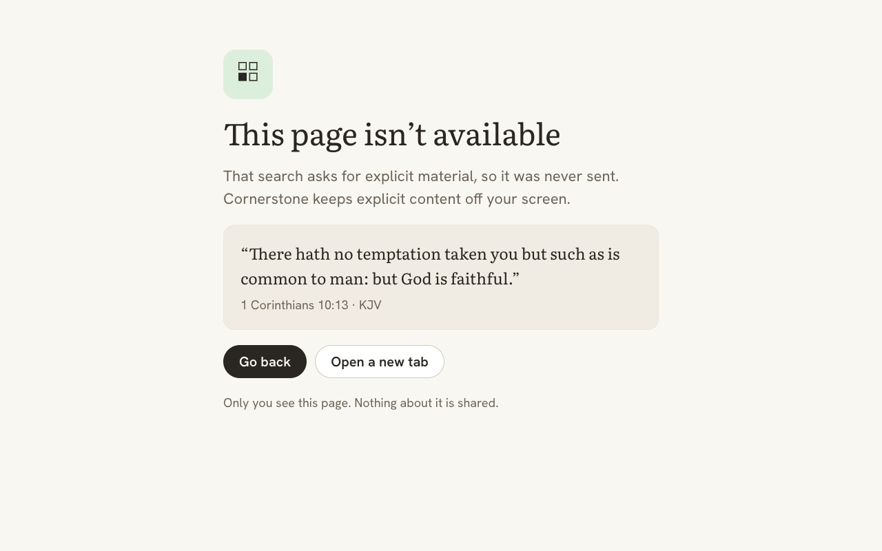 A calm blocked page with 1 Corinthians 10:13.